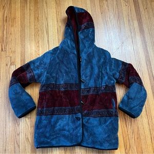 Nordic Lights Medium Blue Red Tribal Deer Fleece Jacket Women Reversible Aztec